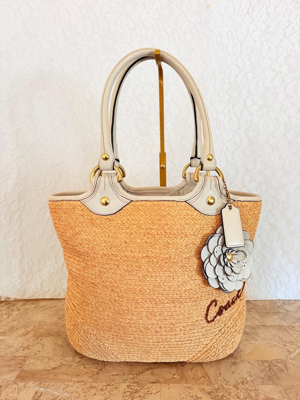 Coach F13373 Bleeker White Natural Straw Beach Tote Handbag 3D Leather Flower